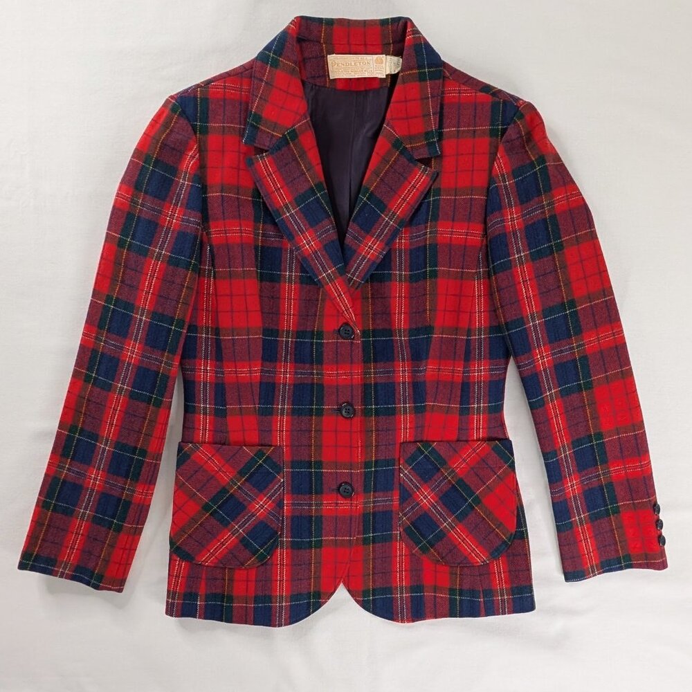 Pendleton VTG Red Blue Wool Tartan Plaid Button Front 70s Blazer Jacket Academia